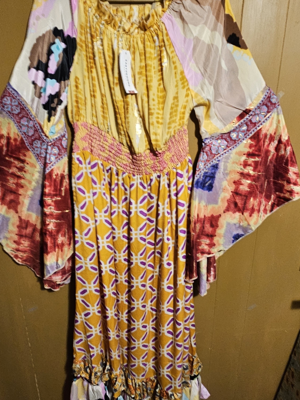 Boho Yellow Printed Maxi Dress with Bell Sleeves